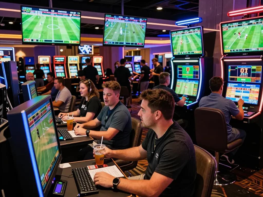 Engaged sports enthusiasts placing bets while monitoring Kèo Nhà Cái 5 on live screens.