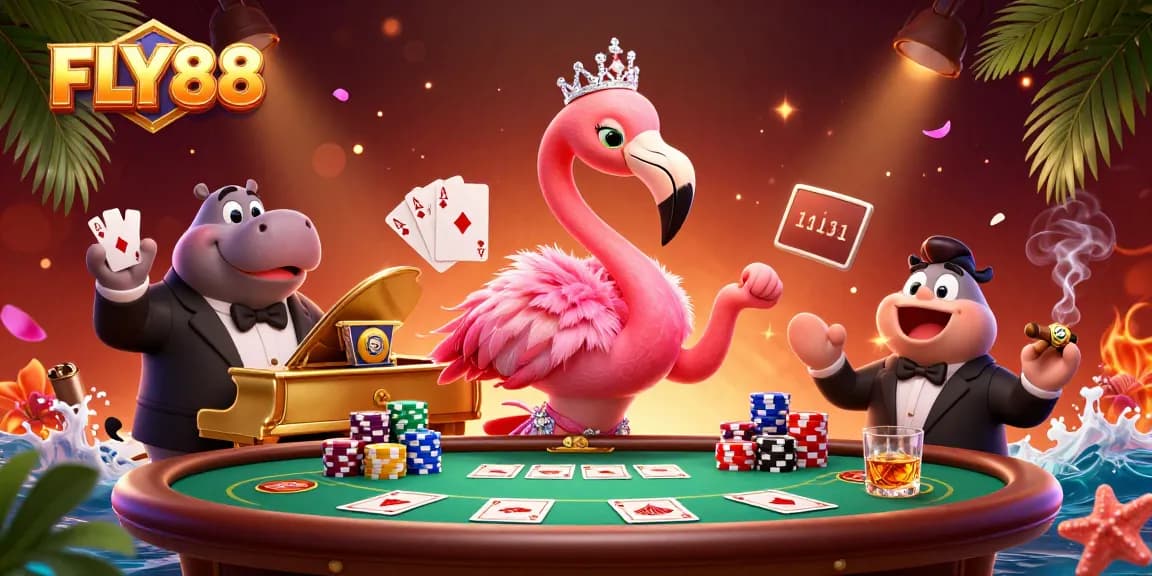 Experience the thrill of FLY88 with this vibrant casino scene featuring lively characters and poker elements.
