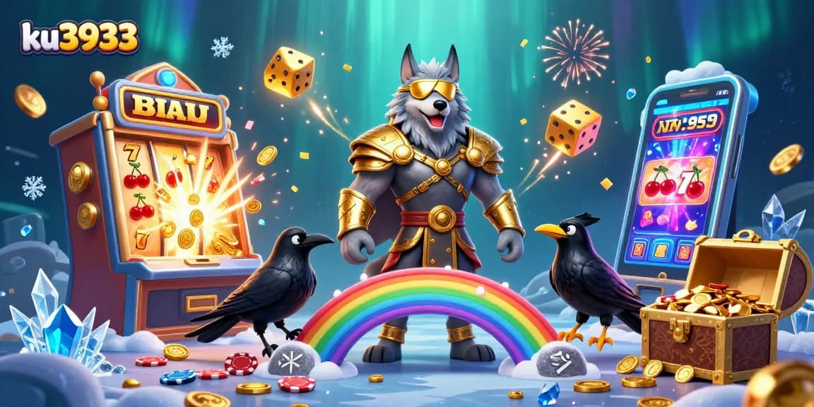 Engage in thrilling gameplay with ku3933's vibrant casino characters amidst a dazzling jackpot scene.