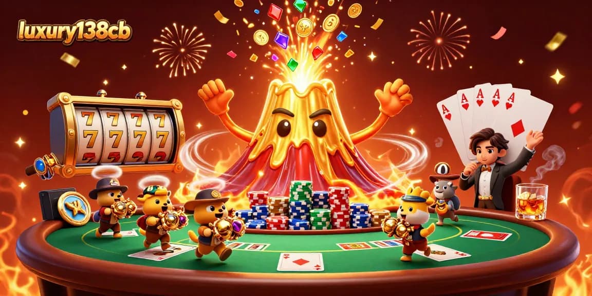 Experience thrilling wins with luxury138cb as the golden volcano triumphs amidst center stage slot reels and poker tables.