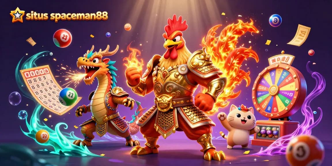 Engage with situs spaceman88's vibrant gaming scene featuring a dynamic rooster warrior, armored dragon, and cheerful fortune cat.