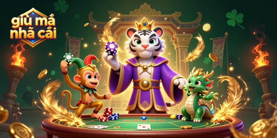 Engaging gamblers with giải mã nhà cái insights under stunning 3D illustration featuring a royal tiger and playful jester.