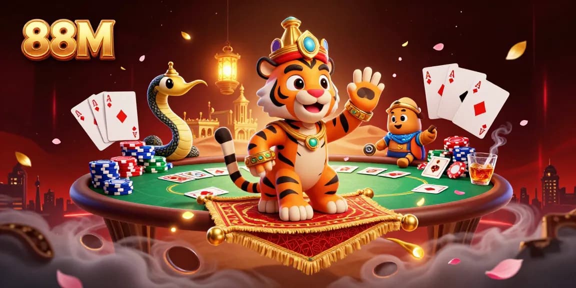 Experience thrilling wins at 88M with a vibrant 3D casino illustration showcasing epic characters and gaming elements.