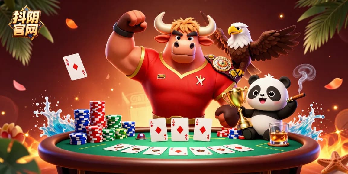 Engage with 抖阴官网 featuring vibrant casino characters celebrating success with poker elements.
