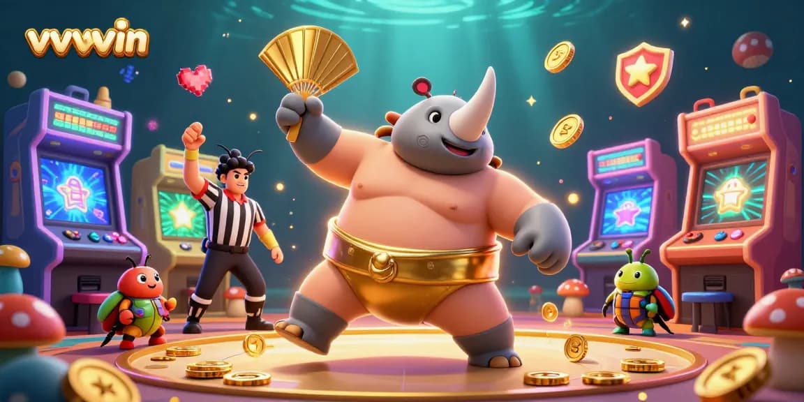 Experience exciting gaming at vvvwin with vibrant action featuring a rhinoceros beetle champion in a dynamic casino scene.