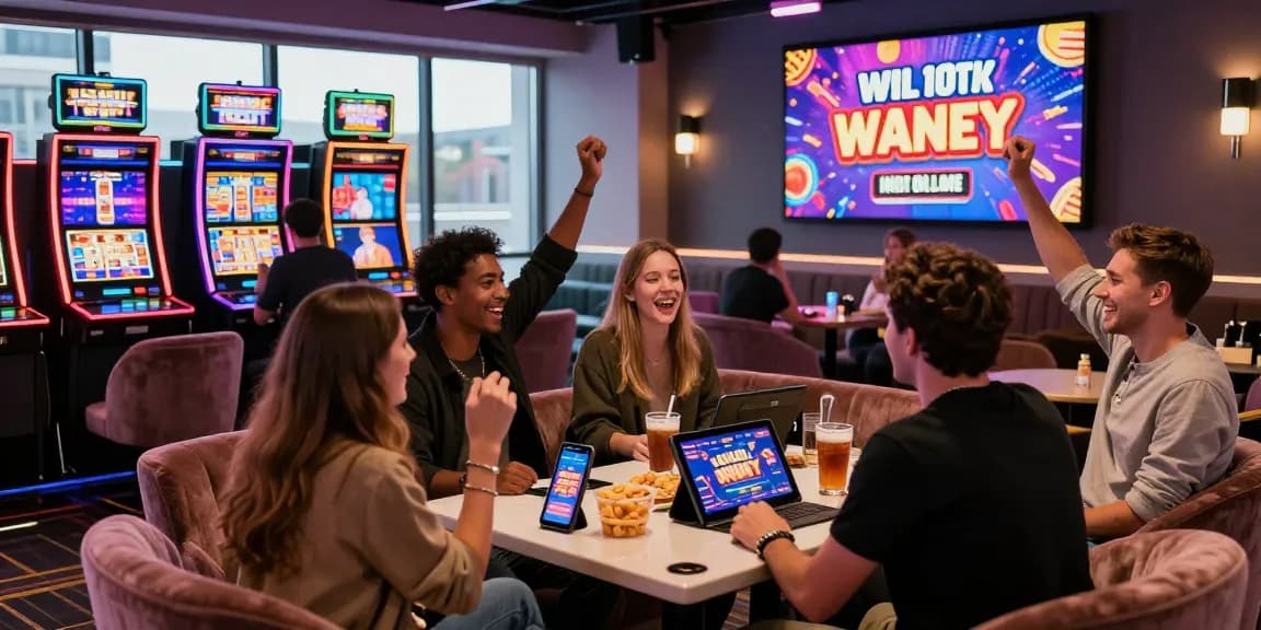 Celebrating wins at a modern online casino showcasing https://ibn.org.uk bonuses and vibrant gameplay in a social atmosphere.