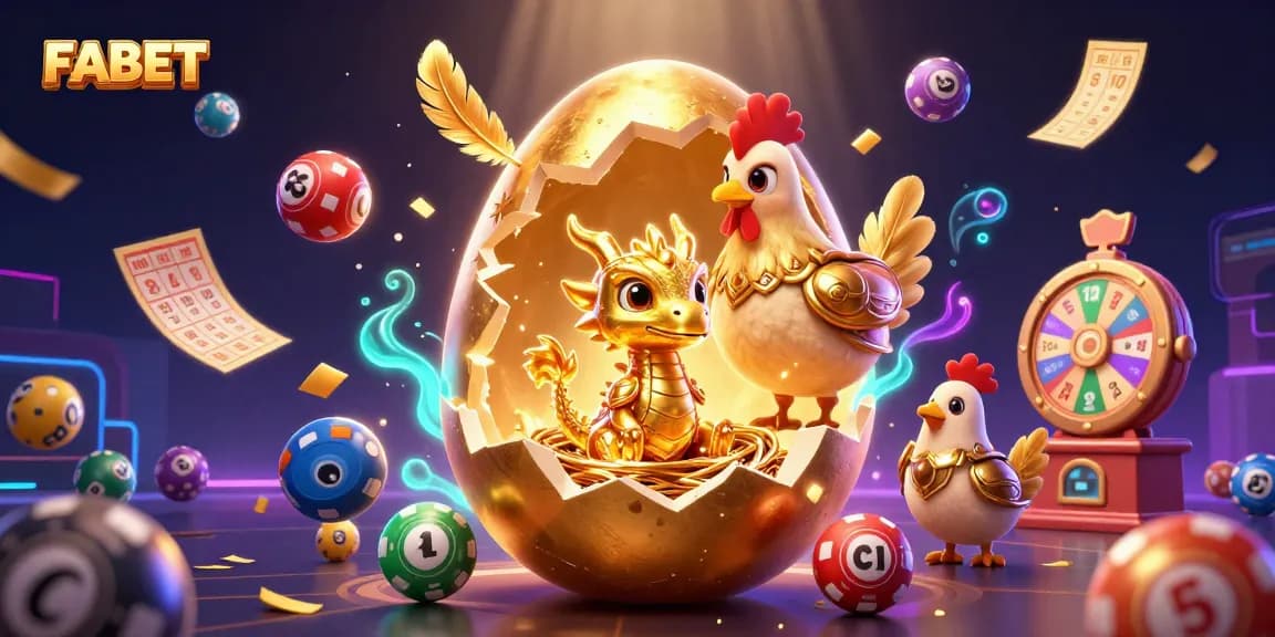 FABET showcases a golden dragon revealing poker chips amidst a vibrant lottery scene.