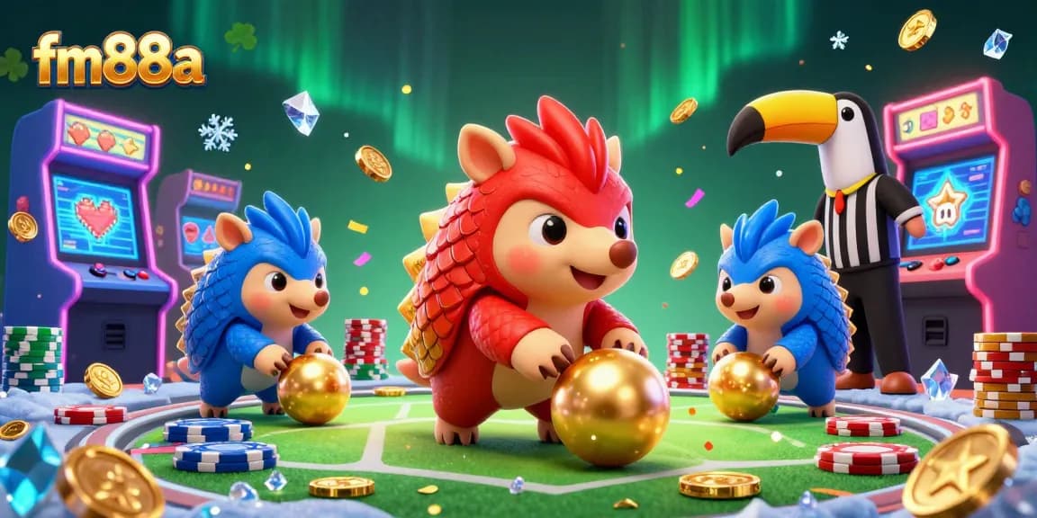 Experience vibrant gameplay at fm88a with rival pangolins in an exciting casino setting filled with golden poker chips.