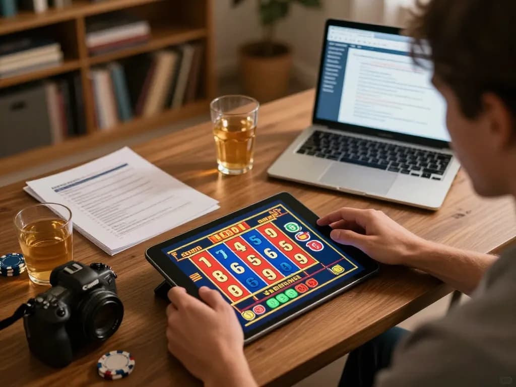 B52club player engaged in an exciting online slot game session at home with drinks and strategy notes.