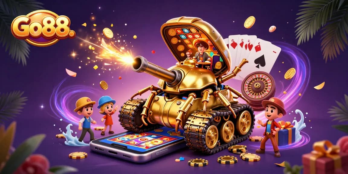 Experience the excitement of Go88. with a vibrant casino scene inside a golden beetle tank, featuring 3D games and symbols.