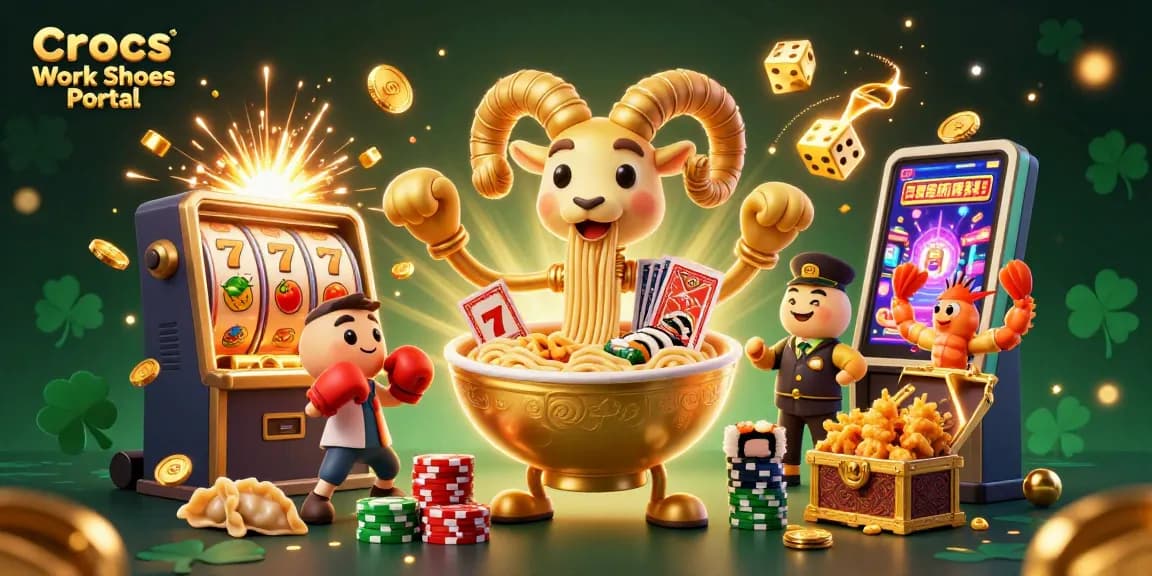 Crocs Work Shoes Portal showcases vibrant 3D casino illustration with a playful ramen bowl dealer and iconic slot machine elements.