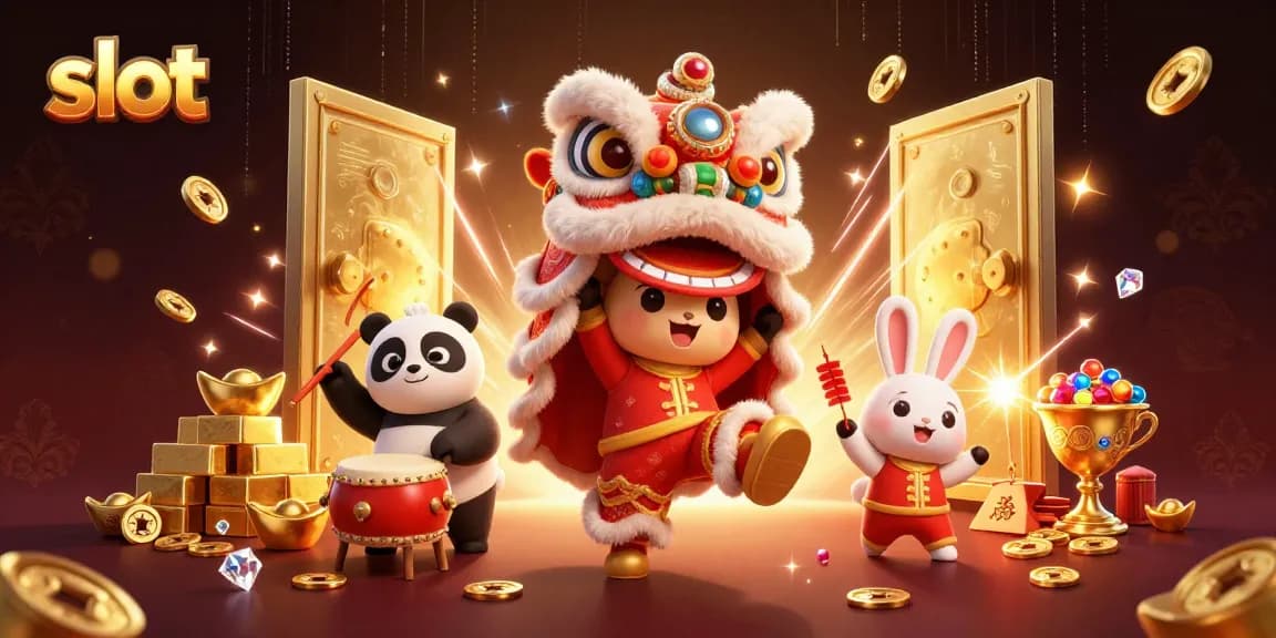 Slot yang menarik dengan karakter tarian singa, uang emas, dan efek cahaya megah.