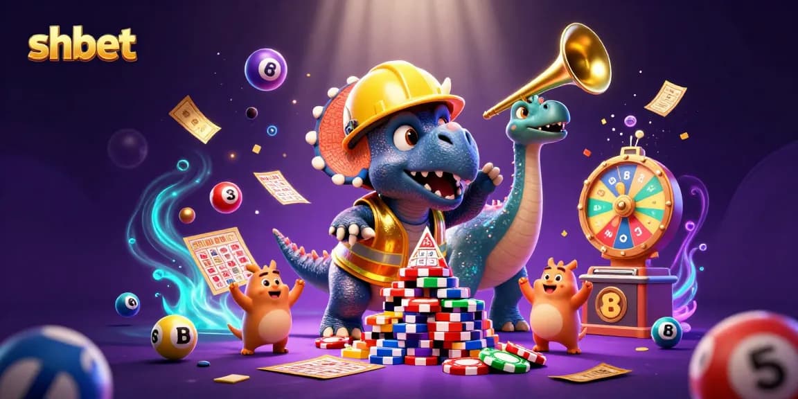 shbet illustration of a lively 3D cartoon triceratops and friends celebrating in a casino scene.