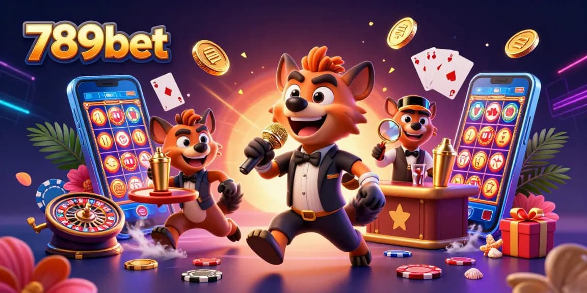 Experience the thrill of 789bet with hyenas at a comedy casino, showcasing vibrant gaming elements.