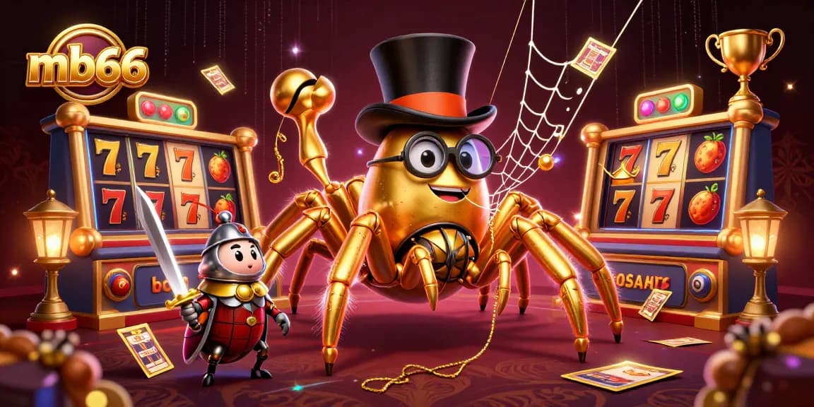 Engaging slot gaming scene highlighting mb66, featuring a giant tarantula, beetle knight, and dazzling casino elements.