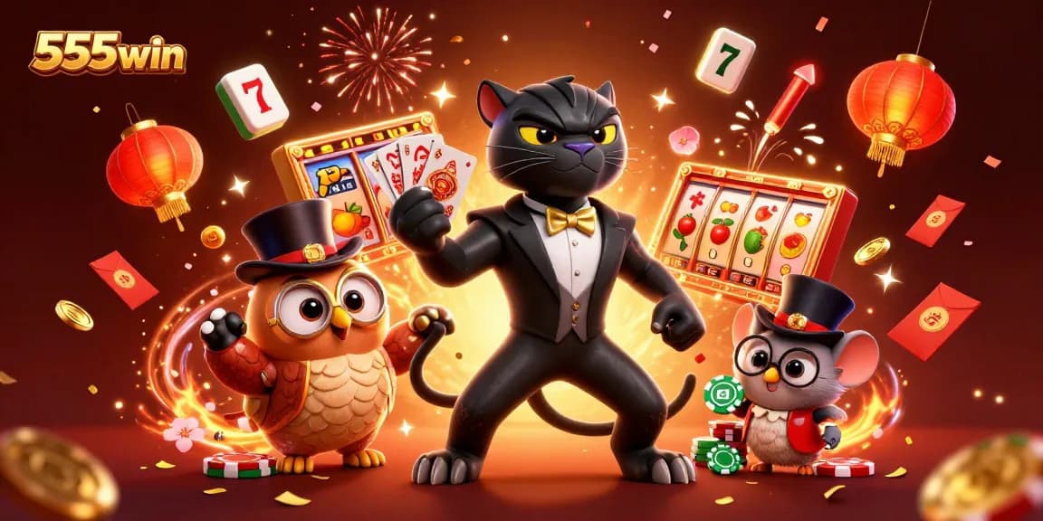 Engage with thrilling slots at 555win, featuring a black panther dealer, owl, and lucky mouse in a vibrant casino setting.