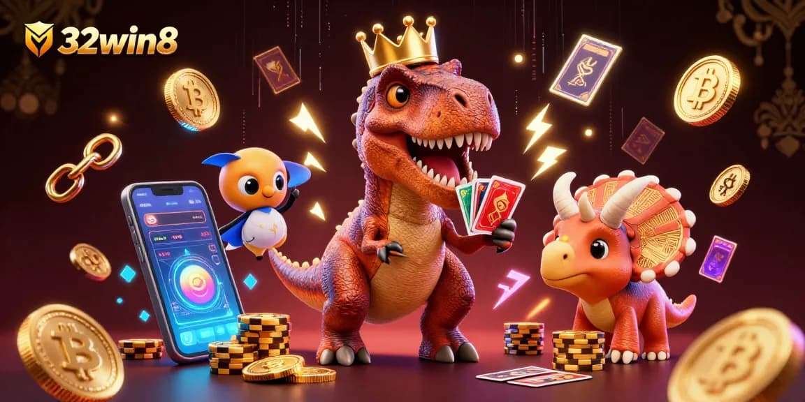 Experience the thrill of 32win8 with animated characters playing cards and stacking chips in a vibrant casino scene.