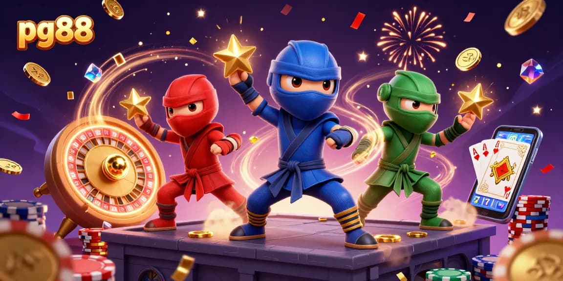 Experience the excitement of pg88 with three colorful chameleon ninjas amidst a casino scene.