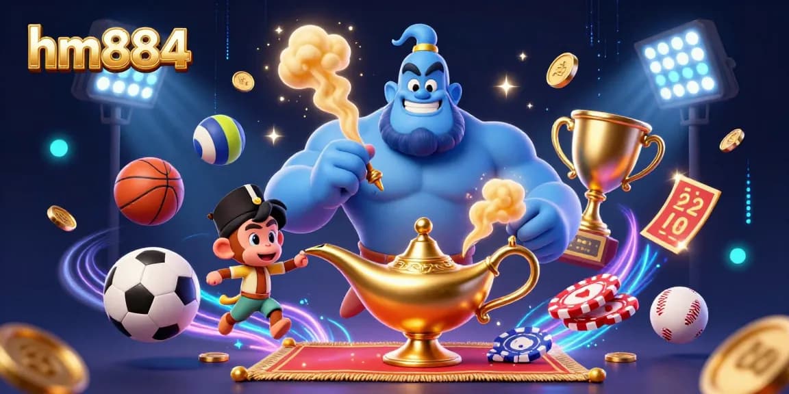 Experience the thrilling action of hm884 as a genie unveils a magical casino world filled with sports excitement and treasures.