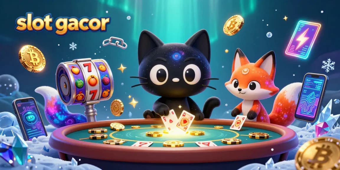 Engaging slot gacor scene with a cartoon cat and fox at a cosmic casino, highlighting excitement and winning opportunities.