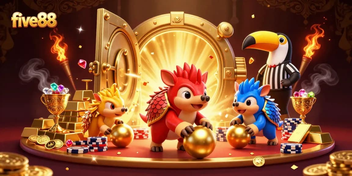Experience thrilling action at five88 with rival pangolins in a dynamic casino showdown surrounded by dazzling treasures.