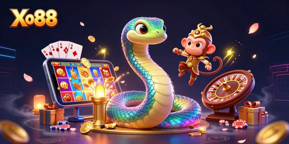 Xo88 offers a vibrant 3D digital illustration of a rainbow serpent surrounded by casino elements like slot games and poker.