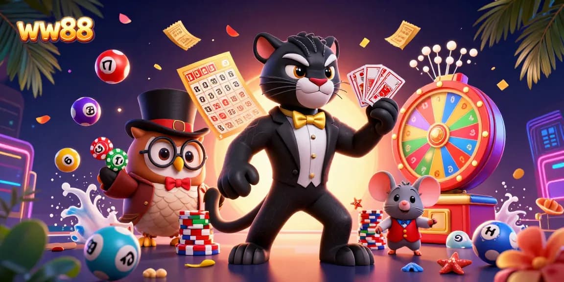 Experience thrilling wins with ww88 at this vibrant online casino illustration featuring colorful, lively characters.