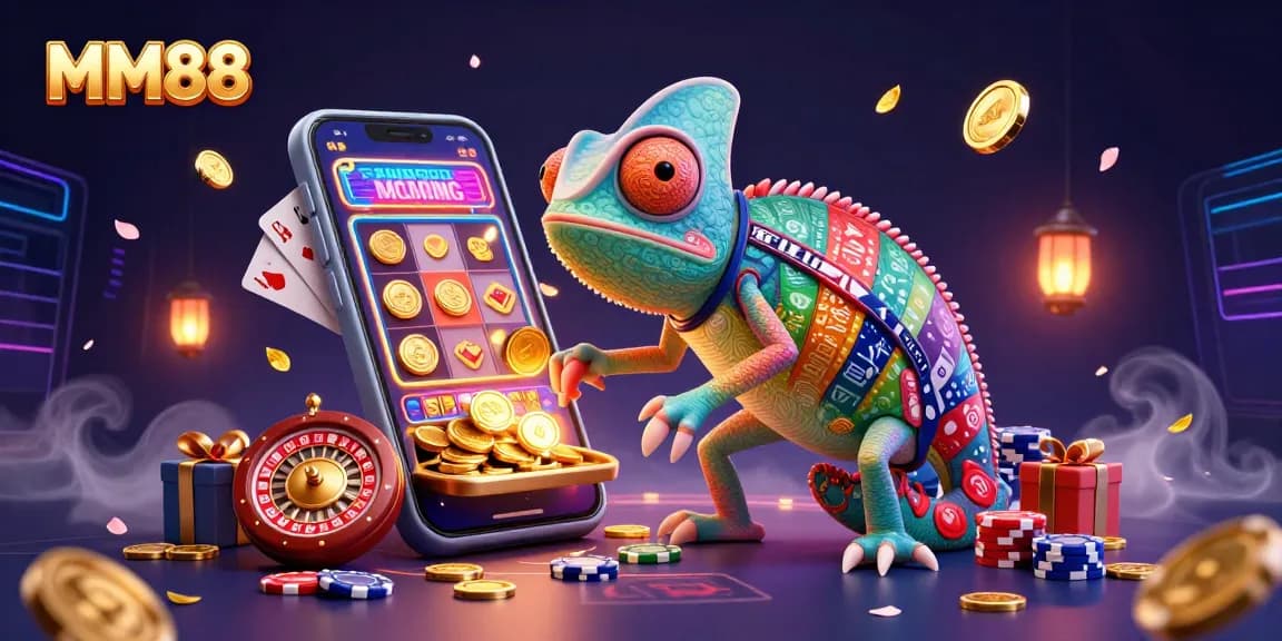 Engage with MM88's thrilling casino experience, featuring a vibrant chameleon and dynamic gaming elements.