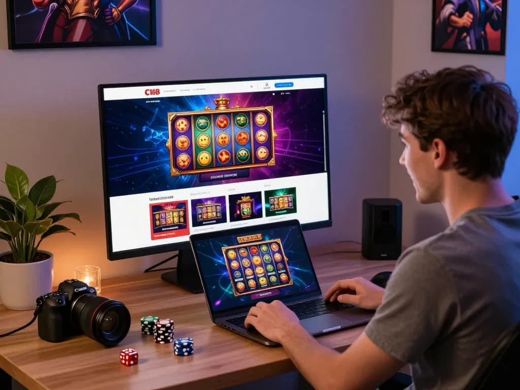 C168 gaming platform user engaging with live casino games on laptop in a vibrant gaming room.