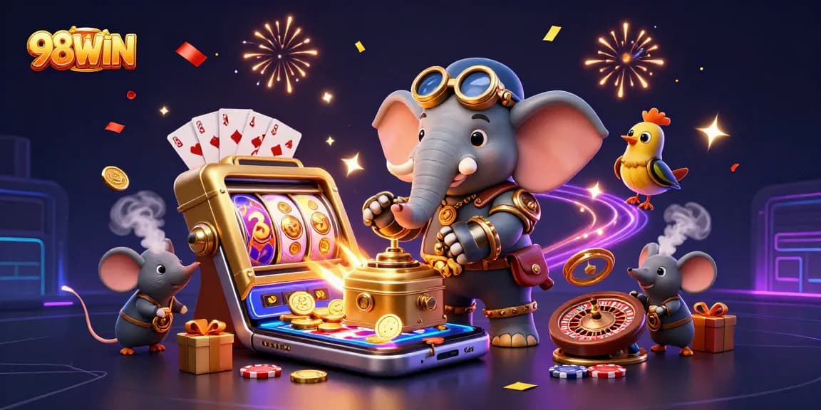 Spin slots and win with 98WIN's vibrant casino-themed illustration featuring lively characters.