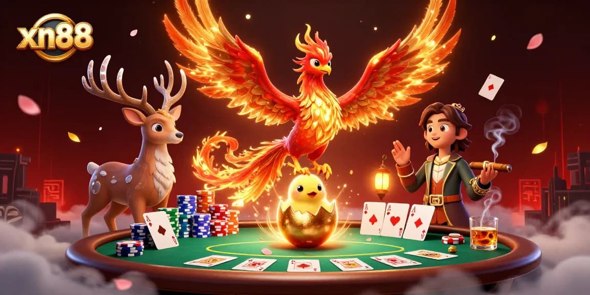 Experience thrilling gameplay at xn88 with a phoenix, poker elements, and vibrant casino atmosphere