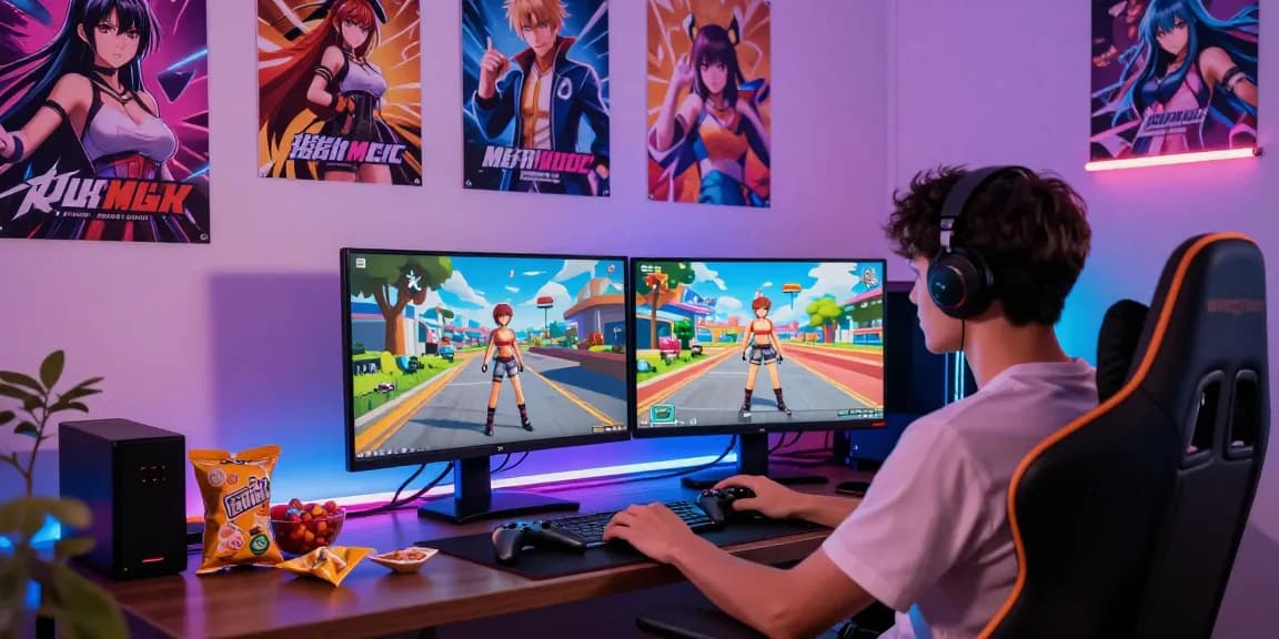 Engaging scene of a player immersed in hentai games online with vibrant colors and dynamic lighting