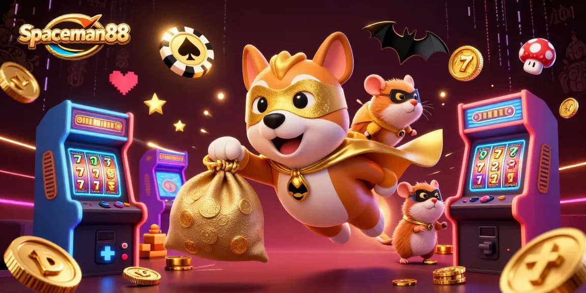 Spaceman88 showcases a heroic dog in a dynamic casino scene with vibrant game elements.