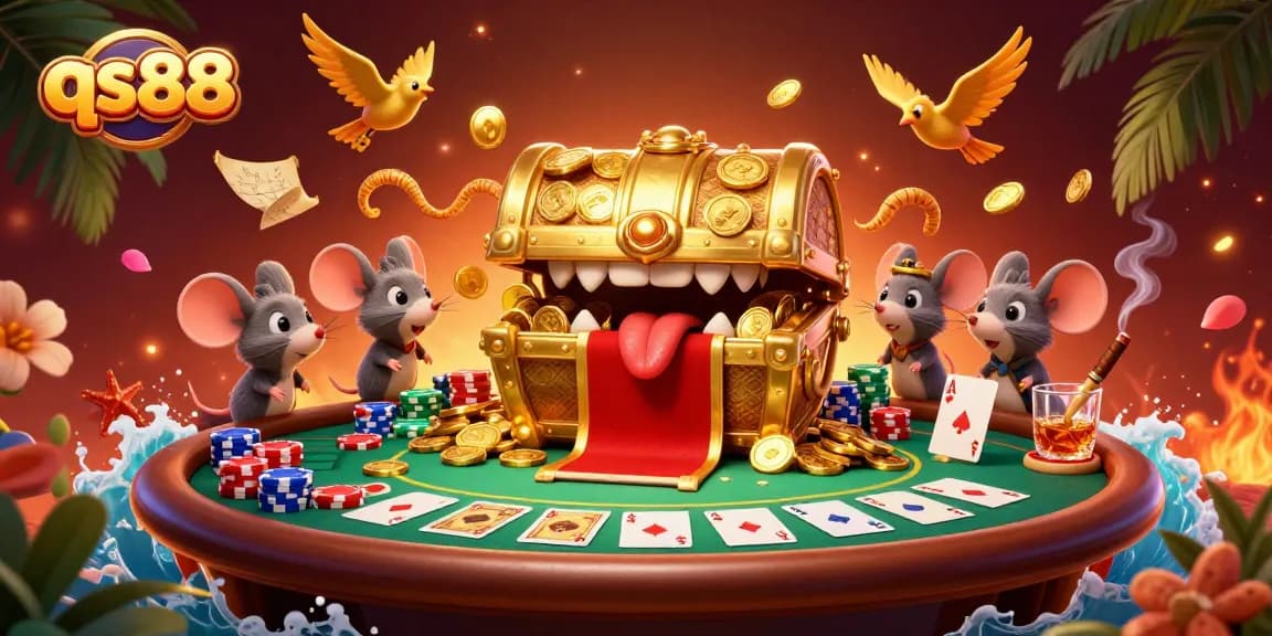 Spin your luck with qs88's vibrant casino scene featuring thrilling poker action and treasure.