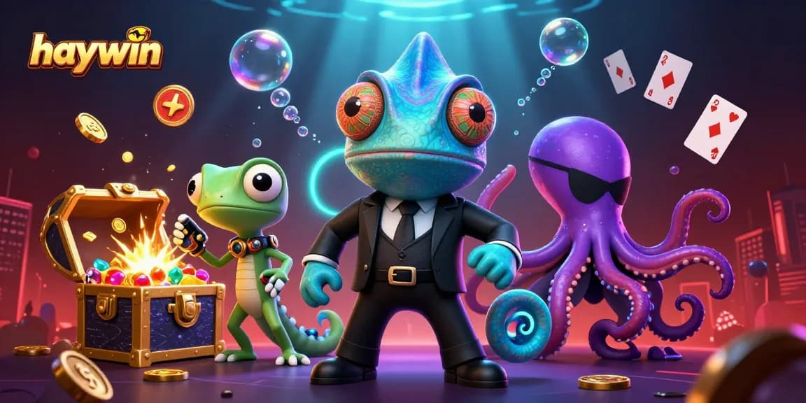 Engage with exciting haywin casino games amidst a vibrant 3D underwater theme featuring energetic characters.