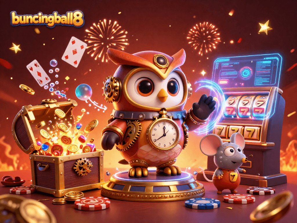 bouncingball8 reveals a vibrant casino adventure with steampunk characters and magical elements.