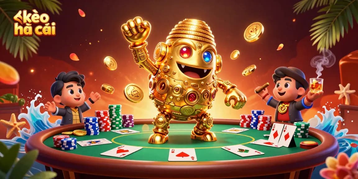Engage in thrilling kèo nhà cái action with a golden golem and poker elements.