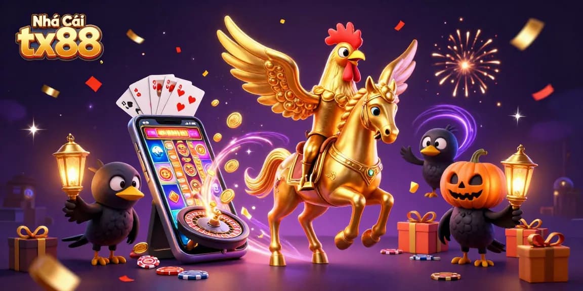 Engage with exciting games at Nhà Cái tx88, featuring vibrant casino elements and lively characters.