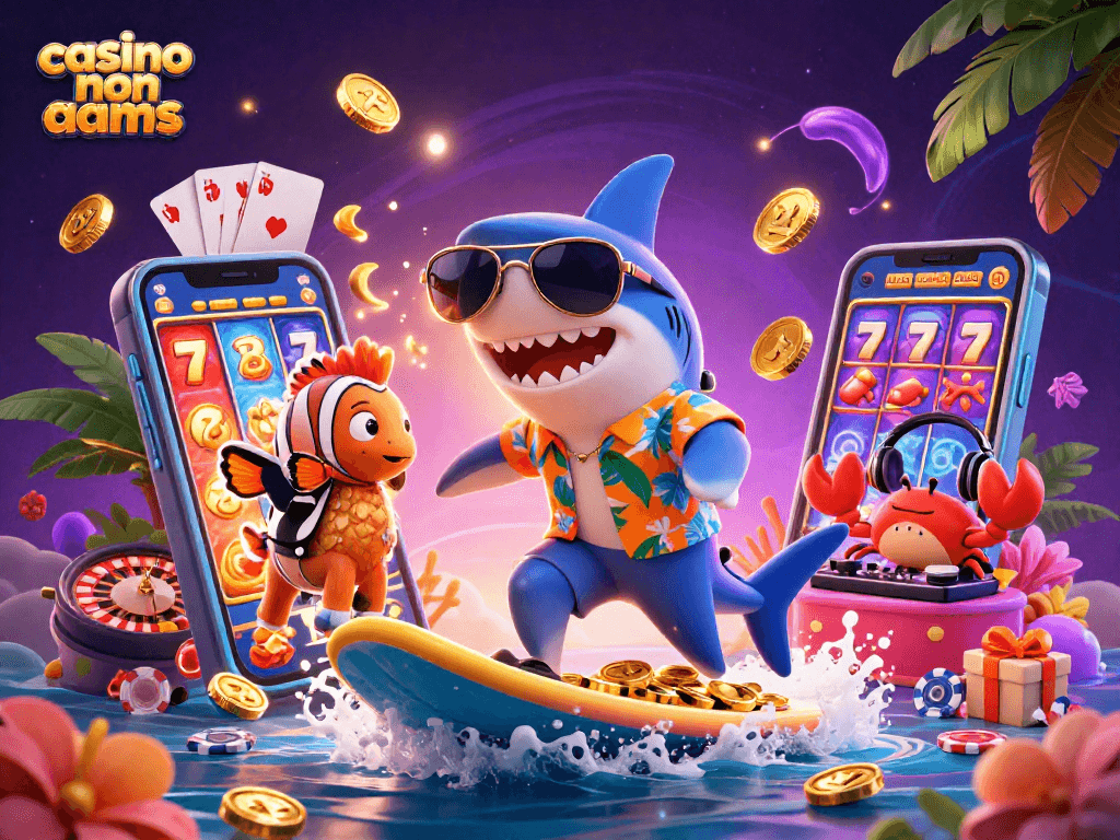 Scopri le emozioni del casino non AAMS con squali e giochi d'azzardo in un'illustrazione vivace.