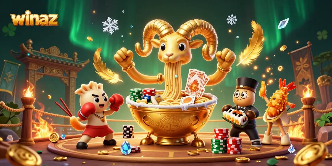 Winaz features a dynamic casino scene with a golden ramen bowl dealer and vibrant game elements.
