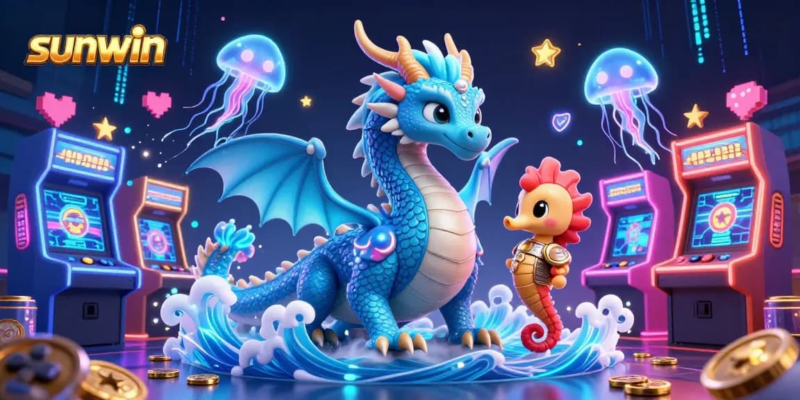 Engage with the sunwin casino world featuring a vibrant dragon, seahorse knight, and dynamic game elements.