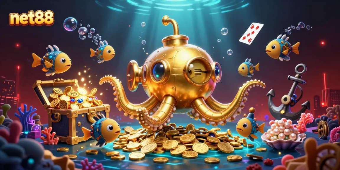 Engage with net88's immersive gaming experience featuring a golden kraken submarine amidst gold coins and playful sea creatures.