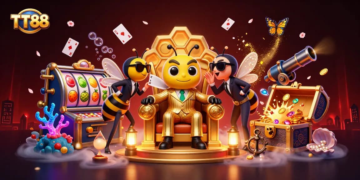Engage with TT88's vibrant casino scene featuring a cartoon bumblebee boss and fun game elements.