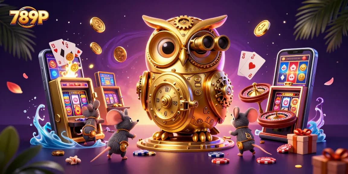 Spin and win with 789P's captivating 3D casino scene featuring golden owl and vibrant slot games.