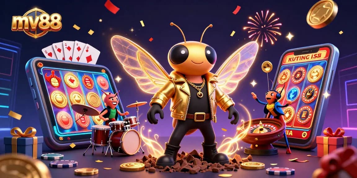 Spin to win with mv88's vibrant casino illustration featuring a cicada rock star.
