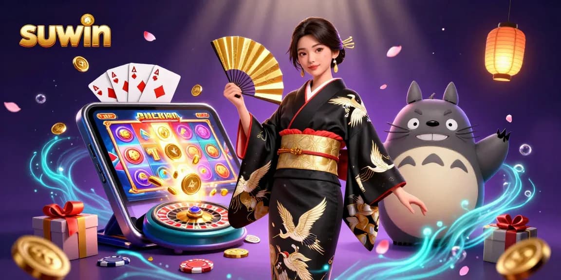 Suwin features an elegant woman in a kimono with gaming elements depicting exciting online casino action.