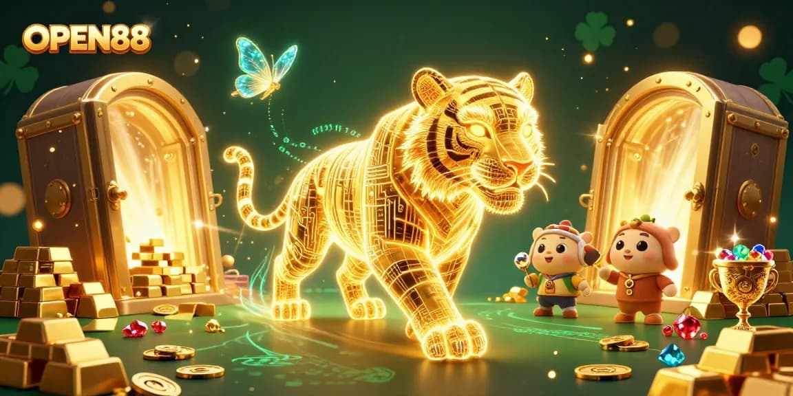 Experience the excitement of OPEN88 with a golden tiger in a vibrant casino scene.
