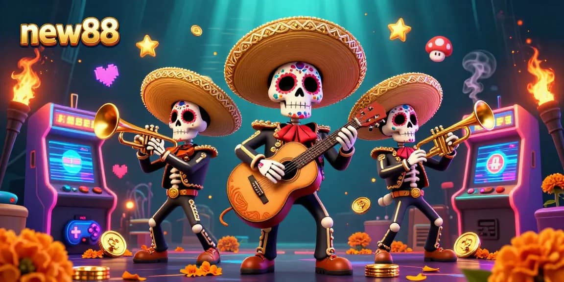 Watch new88’s colorful 3D skeleton mariachi band in casino gaming action amidst vibrant arcade elements.