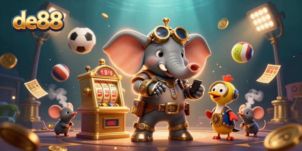 Engage with de88's vibrant gaming world featuring steampunk elements, slot machines, and sports action.
