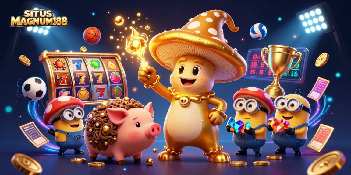 Engage with the thrilling experience of SITUS MAGNUM188 showcasing a lively atmosphere filled with golden magical elements and dynamic gaming features.